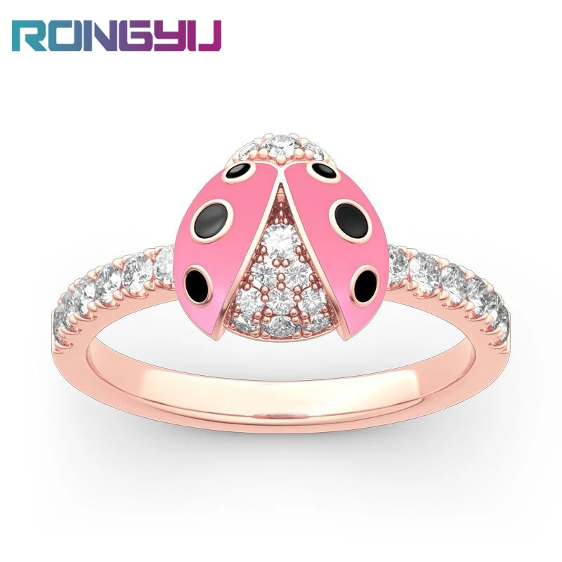 

Fashion Lucky Pink Ladybug Ring Creative Plating 18K Champagne Gold Inlaid Shiny Zircon Cute Seven Star Ladybug Insect Ring