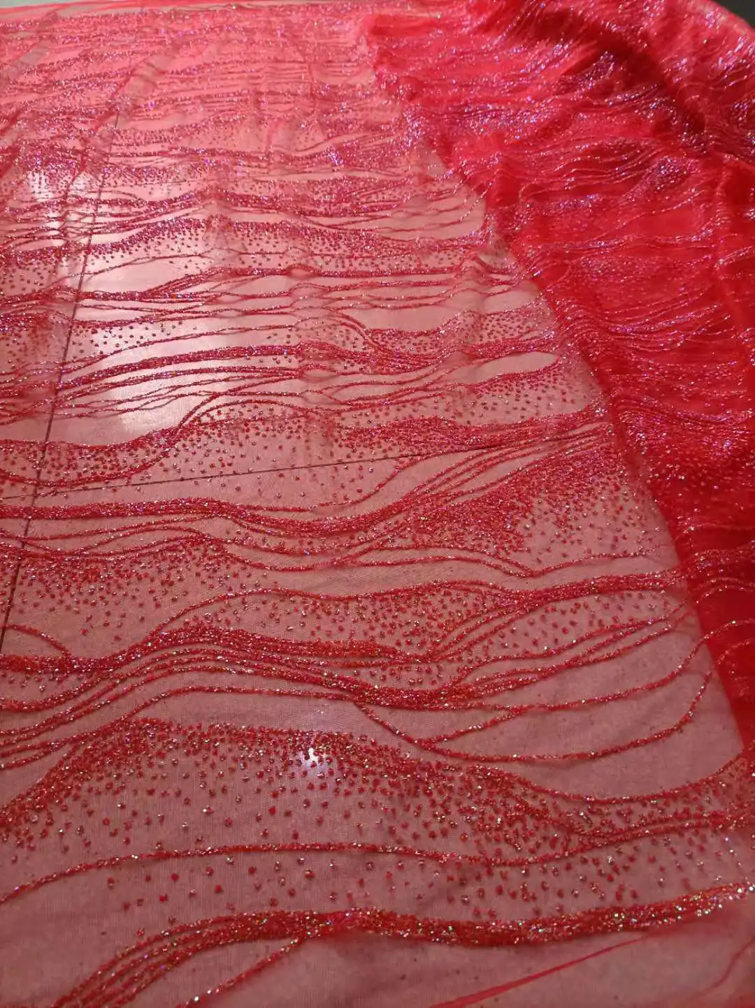 Red Color Shinny Glued Glitter WAve Design Lace African Embroidery fabrics For Wedding or Evening Party Dress | Дом и сад