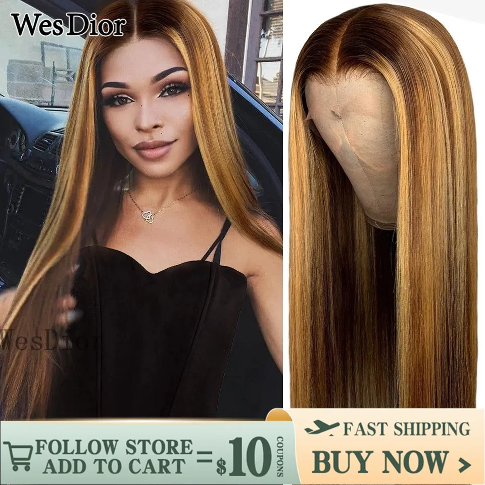 Photo Product Straight Honey Blonde Highlight Human Hair Wigs Brazilian Straight Lace Front Human Hair Wig For Black Women Preplucked Lace Wig