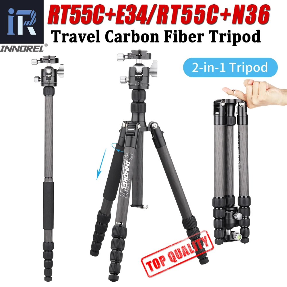 

10 Layers Carbon Fiber Travel Tripod Monopod Compact INNOREL RT55C with Panoramic Low Gravity Center Ball Head For DSLR Cameras