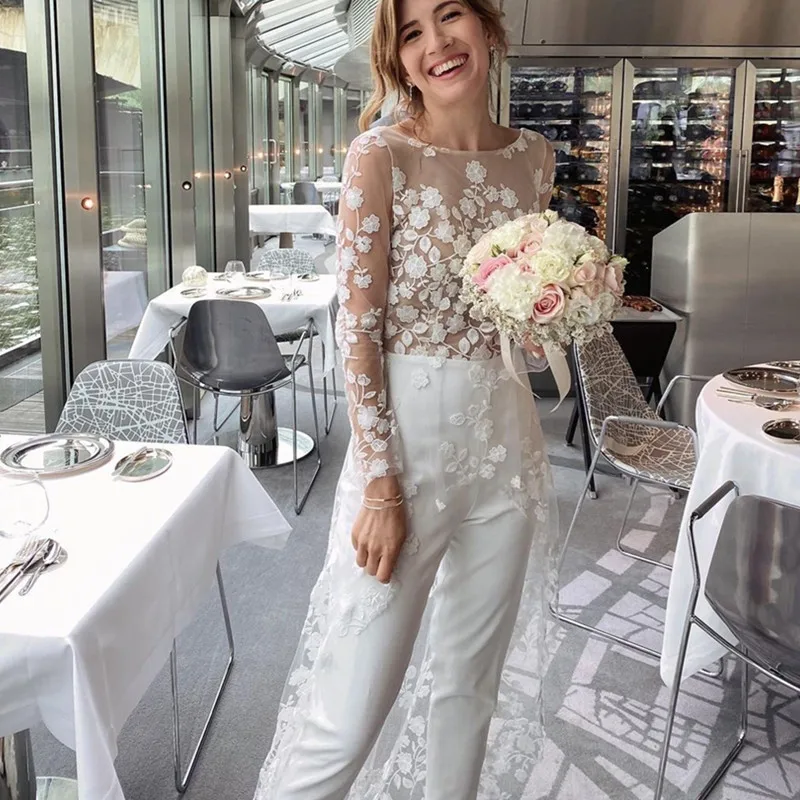 

Boho Elegant Pantsuit Wedding Dress 2023 Lace Appliques Illusion O-Neck Tulle Backless Full Sleeve Bride Gown Vestidos De Noiva