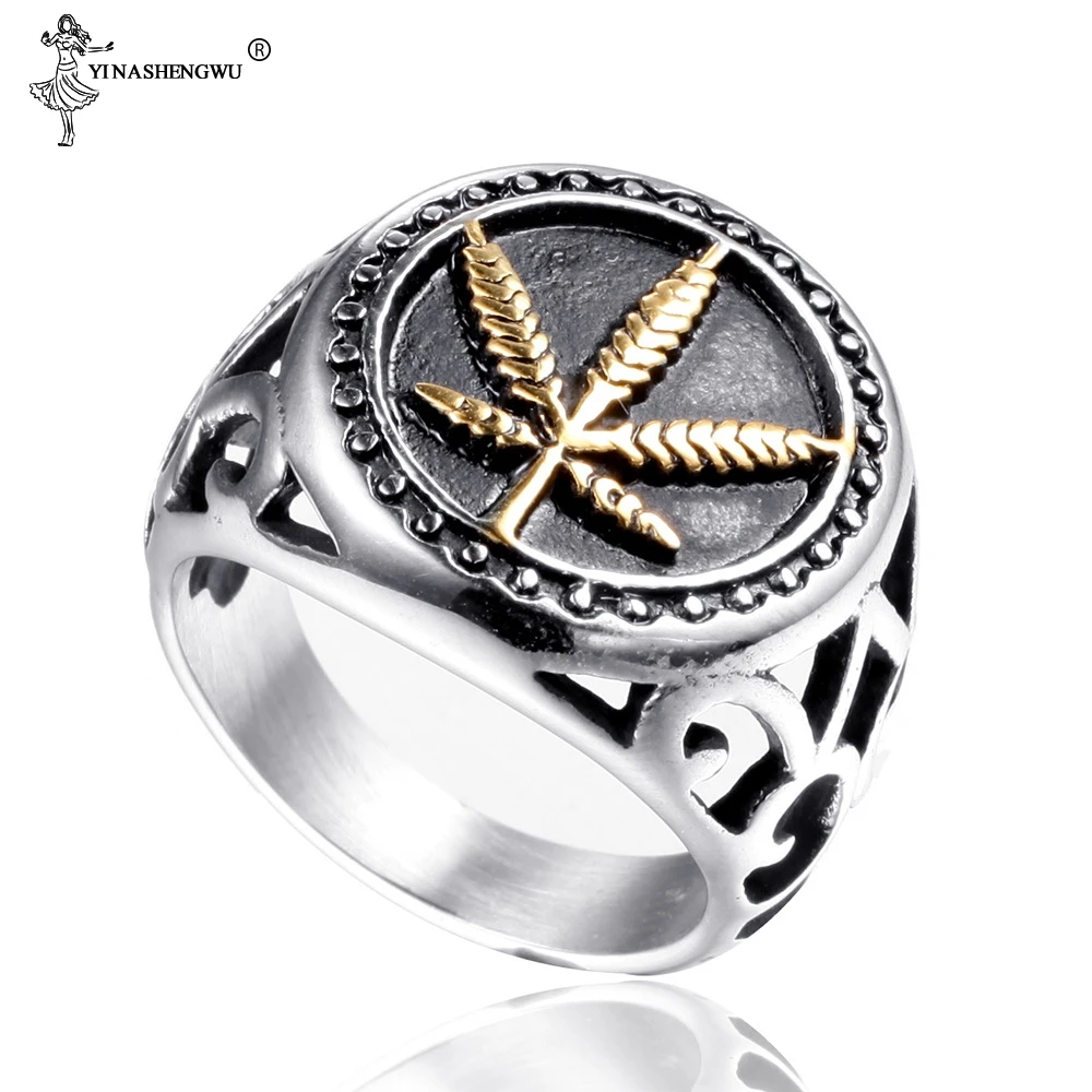 Classic Hip Hop Iced Out Bling Gold Silver Color Stainless Steel Ring Vintage Top Quality Weed Maple Leaf Rings For Men Jewelry | Украшения