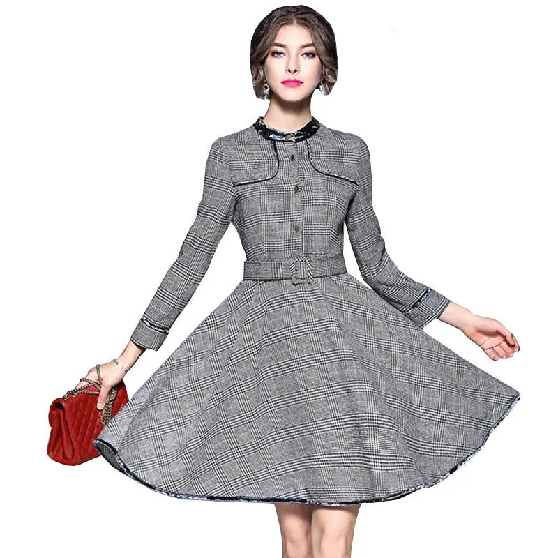 

Nieuwe Lente Herfst Vrouwen Jurk Houndstooth Stand Kraag femme Slanke Grand Swing casual Jurken top kwaliteit Dames Vestido 446