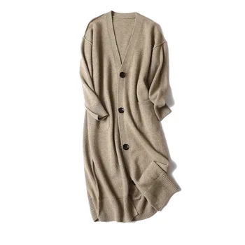 

2020 Womens Long Cardigan New Autumn Winter V-neck 100% Cashmere Coat Lazy Outdoor Sweater Women Single Breasted