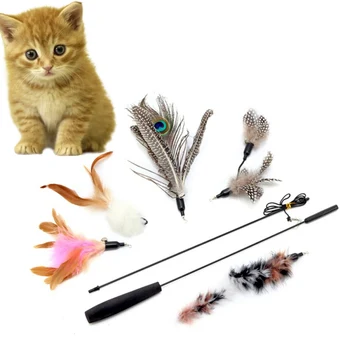 

Lovely Fun Pets Stick Toys Cats Toys 5pcs Feather Wand Rod For Cat Catcher Teaser Toy For Pet Kitten Jumping Trainning Gift