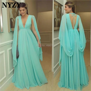 

NYZY E309 Elegant Cape Sleeves Chiffon Evening Dresses Long Wedding Party Dress Guest Wear vestidos formales