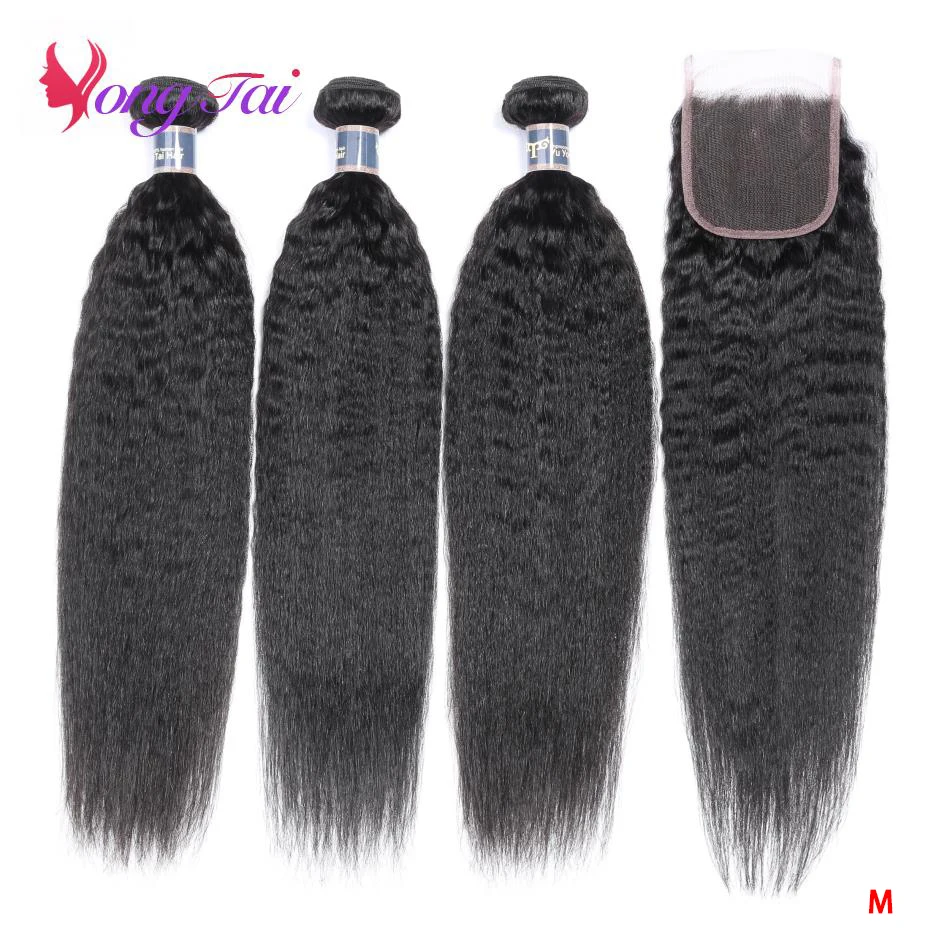 Hair Weave Human-Hair-Extension Lace Closure Kinky Straight Indian 3-Bundles Yuyongtai