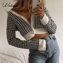 Weekeep-suéter de punto de Houndstooth para mujer, cárdigan de botones Retro de los 90, Top Chic estético y2k, moda 2020
