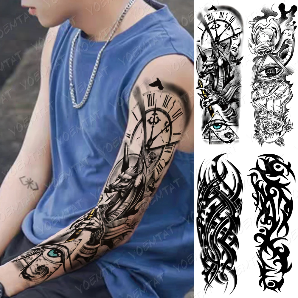 

Waterproof Temporary Full Arm Tattoo Sticker Egyptian Grim Reaper Kobold Totem Flash Tatoo Man Body Art Fake Sleeve Tatto Female