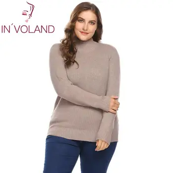 

IN'VOLAND Women Sweaters Plus Size XL-4XL Stand Collar Long Sleeve Solid Casual Warm Autumn Winter Slim Pullover Sweater Tops
