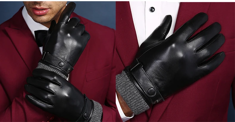 Men's Genuine Leather Gloves Real Sheepskin Black Touch Screen Gloves Fashion Brand Winter Warm Mittens New