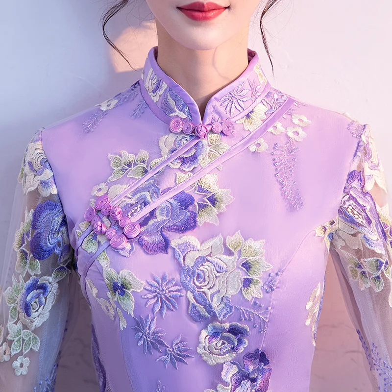 Фиолетовый женский короткий тонкий вечерние платья с вышивкой Cheongsam весенний китайский воротник Qipao пикантный халат Vestido XS-3XL