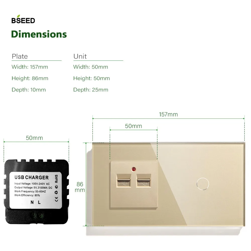 Bseed ЕС сенсорный выключатель 1 комплект 1 способ 2 способ настенный сенсорный выключатель с двумя usb-разъемами черный белый золотой цвет с кристальной панелью