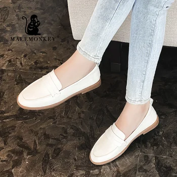 

Malemonkey 033173 Fashion Genuine Leather Ladies Shoes Flats Wear-Resistant 2020 Women Lofers Femme Comfortable Soft White Shoes