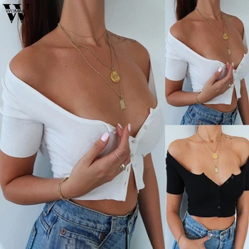

Womail T Shirt women 2020 Summer Button White Sexy Square Coller shirt Bubble Short Sleeve Female Tops Shirts Crop Top 2020 club
