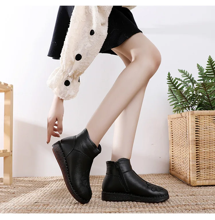 GKTINOO Fashion Winter Middle-aged Women Boots Flat Non-slip Genuine Leather Shoes Woman Ankle Boots Plus Velvet Warm Snow Boots