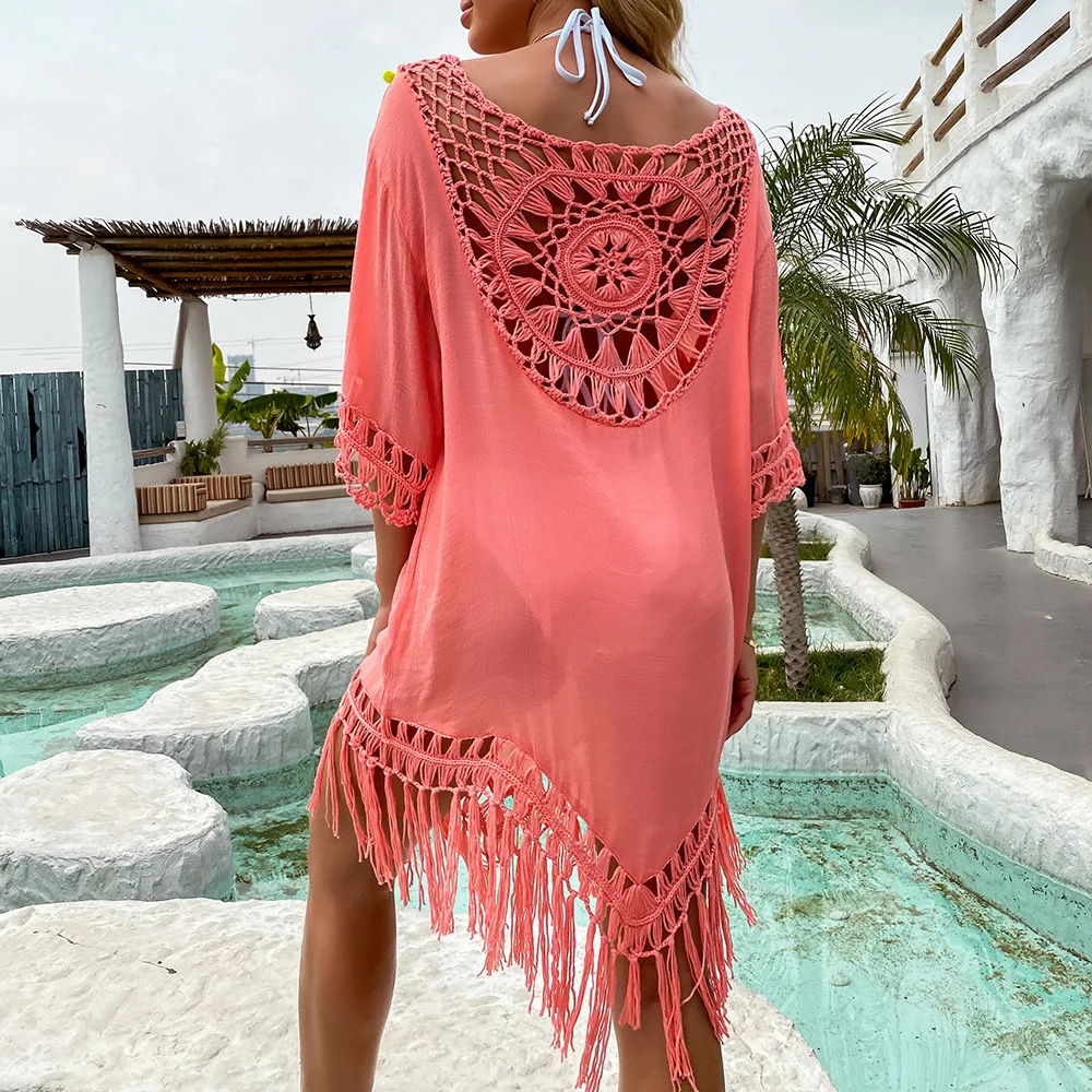 CROCHET BIKINI Bikini Cover Up With Fringe Trim Women Sexy Hollow Tunic Beach Dress Summer Bathing Suit Beachwear