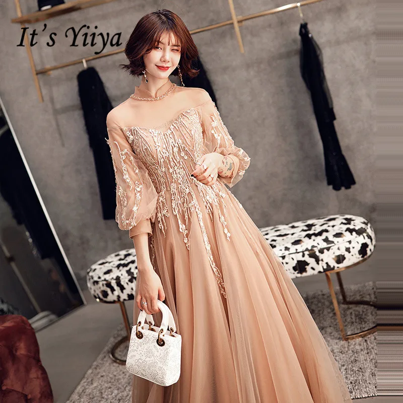 Это YiiYa вечернее платье элегантное кружевное длинное платье с рукавами-фонариками для выпускного вечера размера плюс с открытой спиной цвета шампанского женские вечерние платья E525