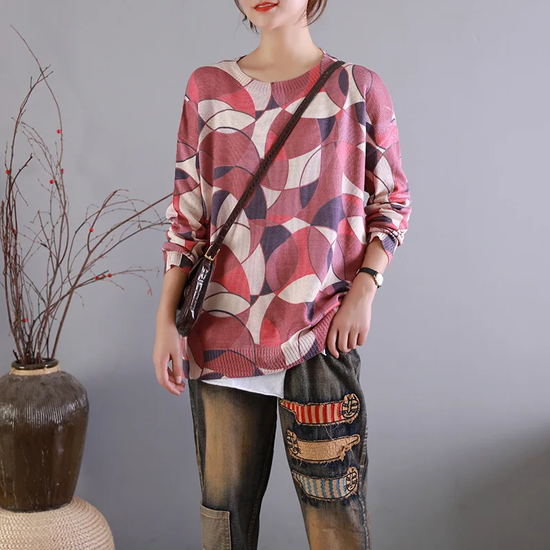 

Autumn Sweater Women Retro Loose Knitting Pullovers 2019 New Female Retro Tops O-Neck Long-sleeved Print Casual Sweater
