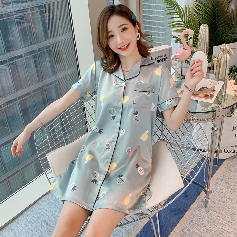 

QWEEK Summer Korean Version Print Silk Sleep Dress Women 2019 Short Sleeve Cardigan Homewear Cartoon Print Long Stain Nightgown