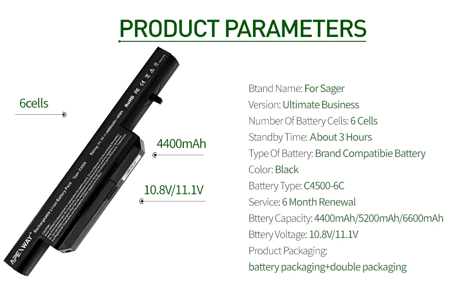 ApexWay Батарея для Clevo C4500BAT-6 C4500BAT 6 C4500BAT6 B4100M B4105 B5100M B5130M B7110 C4100 C4500 C4500Q C5100Q C5500Q