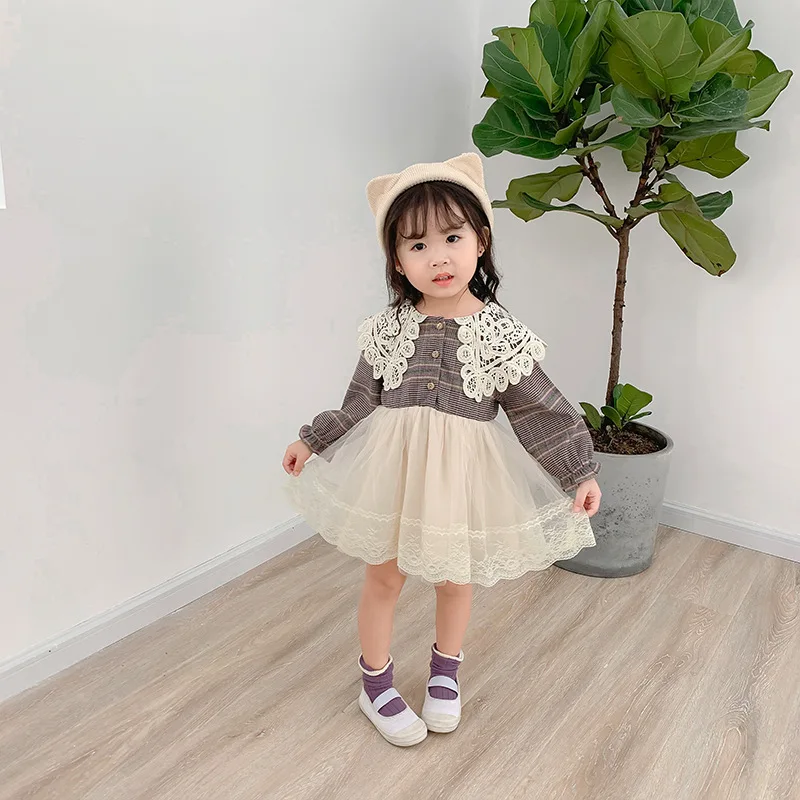 Новое осеннее платье принцессы для маленьких девочек детская одежда в Корейском стиле с кружевным воротником бальное платье с вуалью в стиле пэчворк для маленьких детей