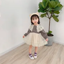 Новое осеннее платье принцессы для маленьких девочек детская одежда в Корейском стиле с кружевным воротником бальное платье с вуалью в стиле пэчворк для маленьких детей