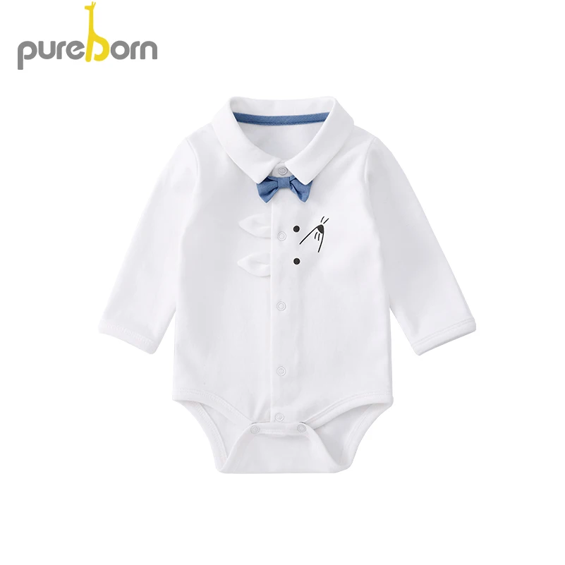 Pureborn/Боди для новорожденных; с воротником «Питер Пэн»; комбинезон с длинными рукавами для мальчиков и девочек; Одежда для младенцев; Однотонный хлопковый костюм - Цвет: white bowtie