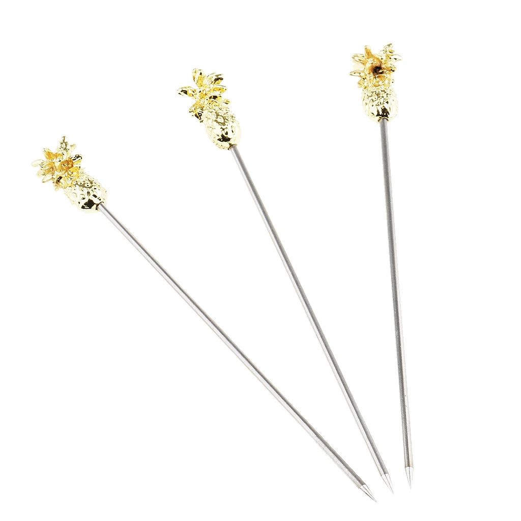 3Pcs Stainless Steel Swizzle Sticks Fruit Pineapple Stick Cocktail Pick for Kitchen Party Bar Accessory Rose Gold/Silver/Gold