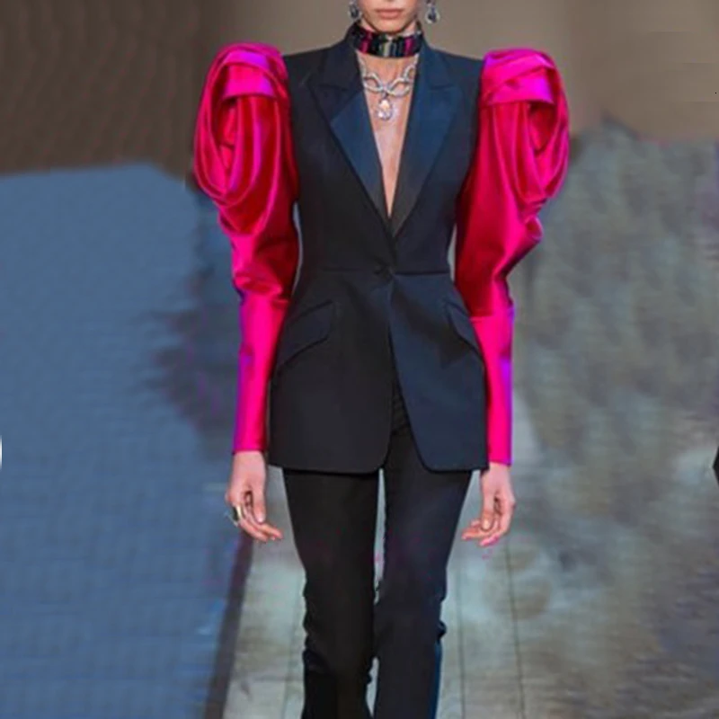 TWOTWINSTYLE Patchwork Hit Color Women's Blazer Puff Sleeve Notched Female Blazers 2019 Autumn Plus Size Fashion New Clothing TWOTWINSTYLE Patchwork Hit Color Women's Blazer Puff Sleeve Notched Female Blazers 2019 Autumn Plus Size Fashion New Clothing
