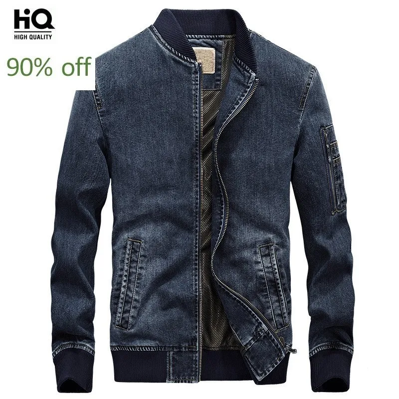 

Spring Autumn Jeans Jacket Men Plus Size 4XL Stand Collar Bomber Biker Jacket Fashion Long Sleeve Loose Zip Denim Coats Male