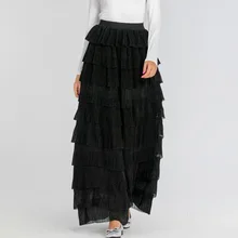 Ретро женская черная юбка с оборками эластичная высокая талия турецкая исламская длинная юбка Повседневная женская мусульманская многослойная юбка с оборками низ