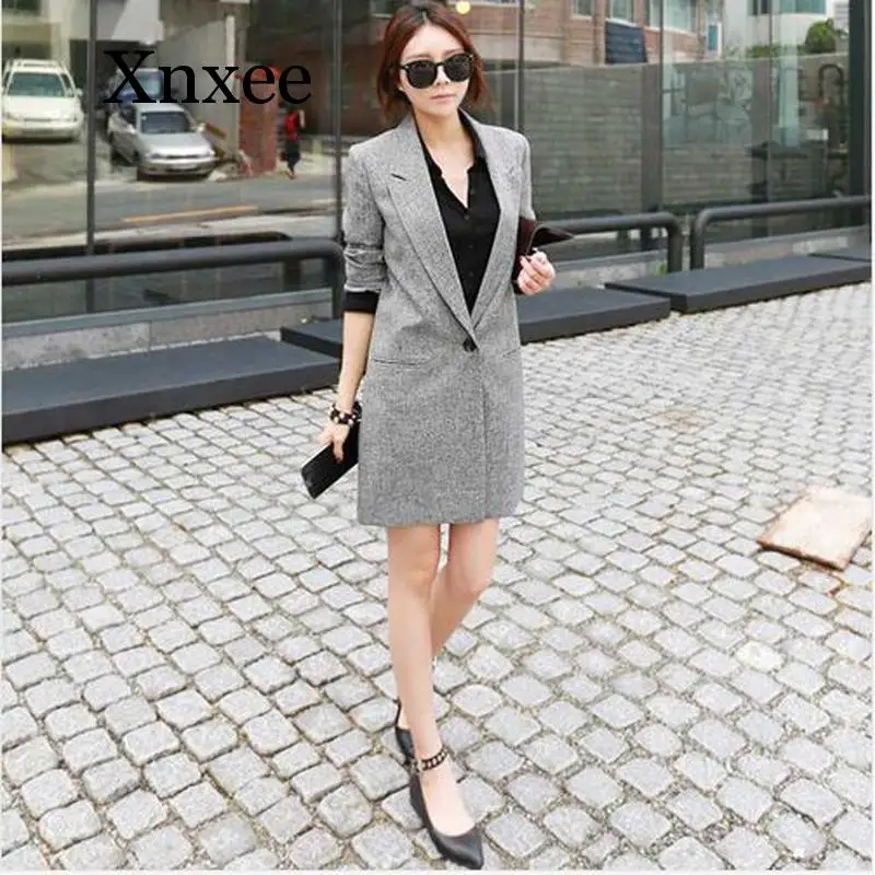 2020 Hot Selling Spring Women Casual Long Thin Blazers Coats Notched Collar Full Sleeve Single Button Fashion Cardigans gray