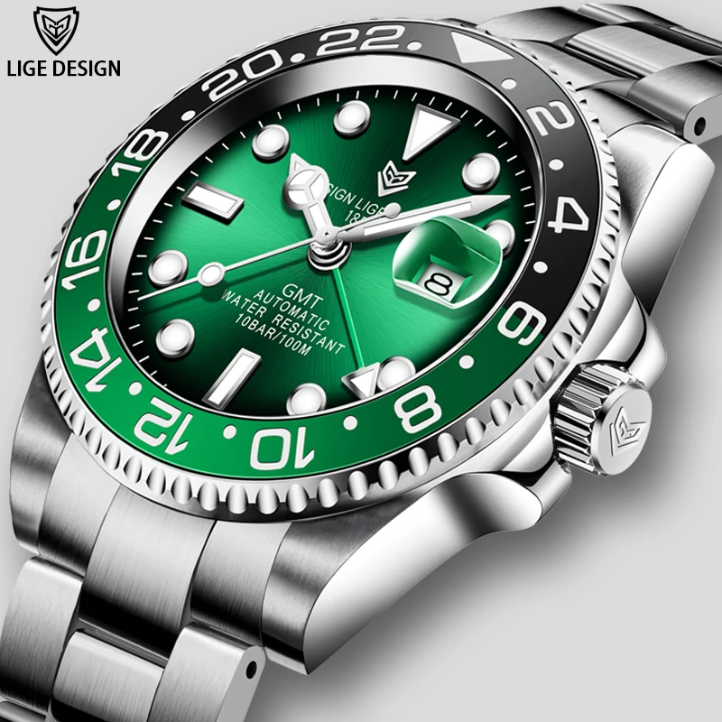 

LIGE DESIGN Top Brand Sapphire GMT Watch Stainless Steel Men Automatic Watch Waterproof Sports Mechanical Watch reloj hombre