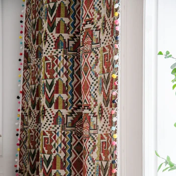 

New Geometric Woven Curtain Boho Colorful Ball Tassel Screening For Living Room Kitchen Decoration Bedroom Bay Window Cutain