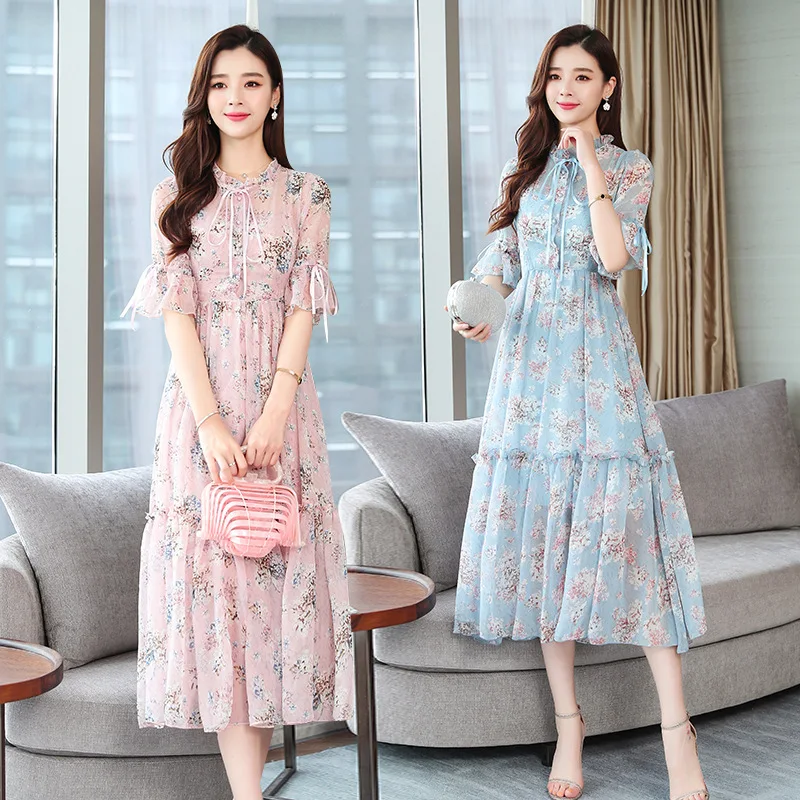 

Fairy Skirt CHIC Gentle France Non-mainstream Dress Women's Summer Elegant Chiffon Floral-Print Platycodon Grandiflorum Skirt