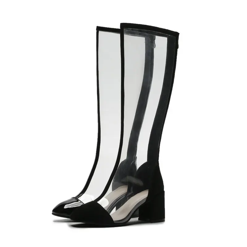Eokkar/ г. Женские сапоги до колена прозрачные дождевые ботинки мягкие Универсальные женские сапоги на молнии с квадратным носком Большие размеры 34-41