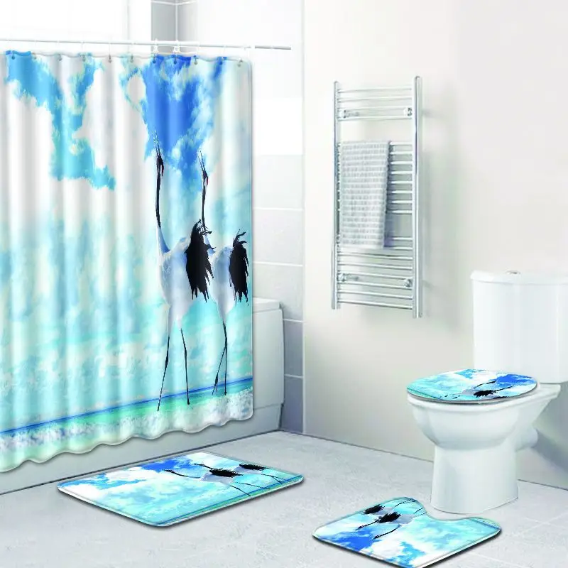 3pcs Non-Slip Bathroom Pedestal Rug Pad+Lid Toilet Cover+Bath Mat+Shower Curtain 