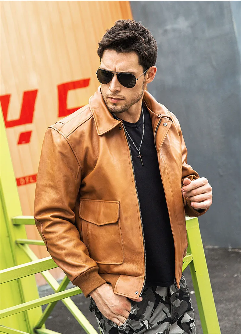 long sheepskin coat 2022 Brown Military Style G1 Pilot Leather Jacket Men Europe Size 3XL Wool Collar Real Natural Cowhide Autumn Loose Aviator Coat bomber jacket sheepskin