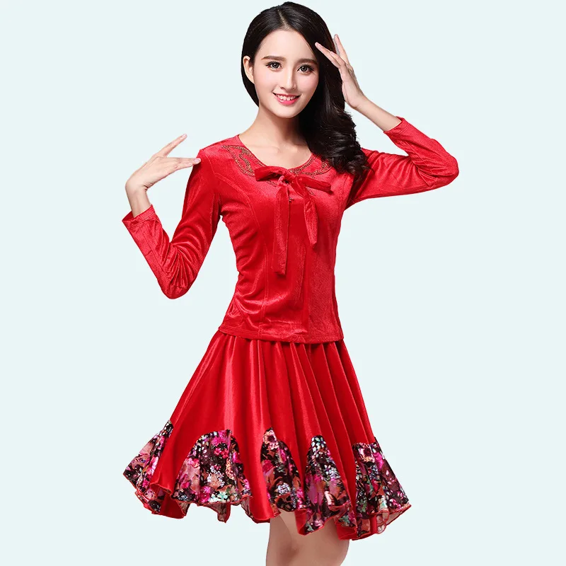 

Autumn And Winter New Style Square Dance Clothing Gold Velvet Long Sleeve Dance Costume Set Middle-aged WOMEN'S Apparels