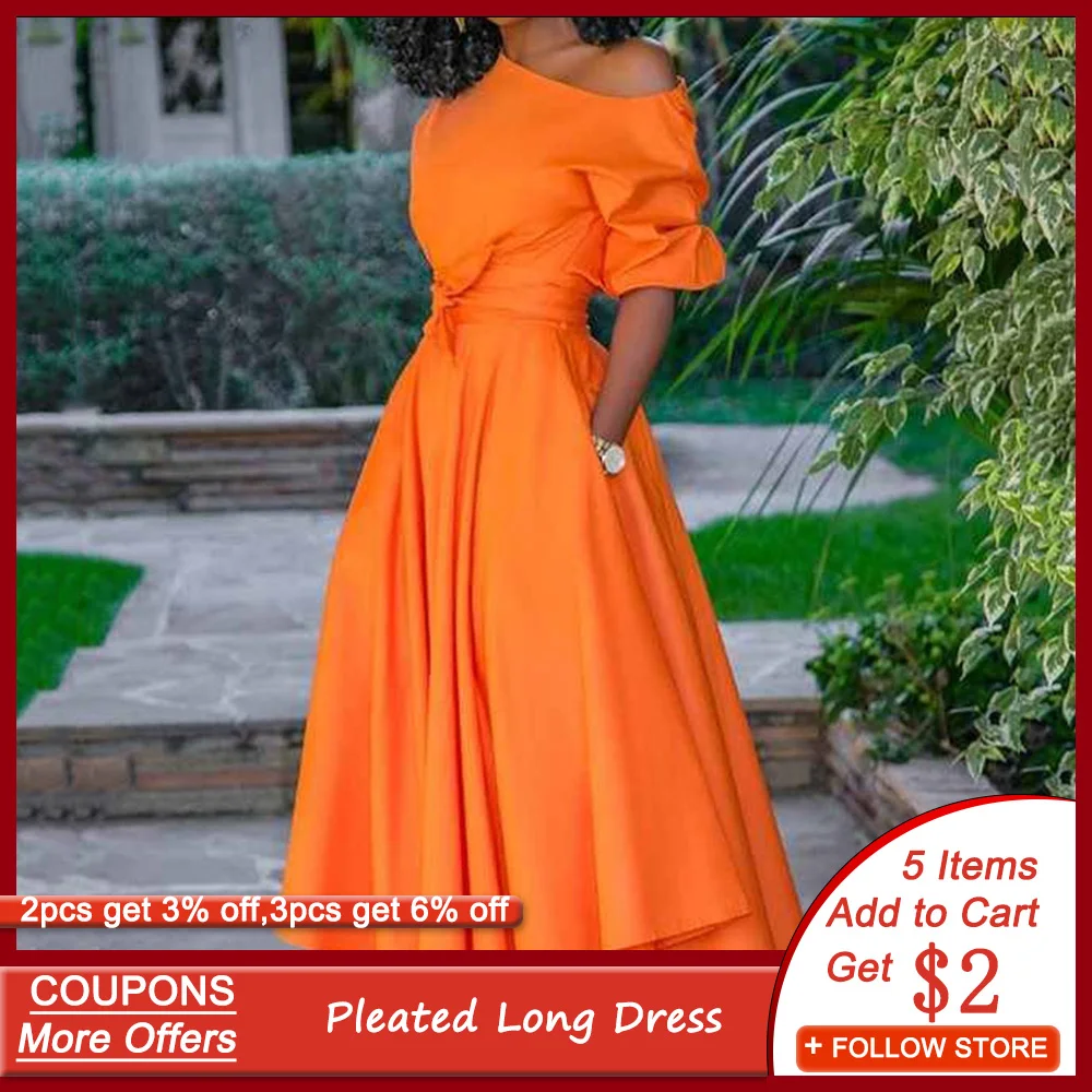 

One Shoulder Pleated Women Long Dress Orange Midi Elegant Evening Party Dress Summer 2020 Half Sleeve Belted Robe de soiree