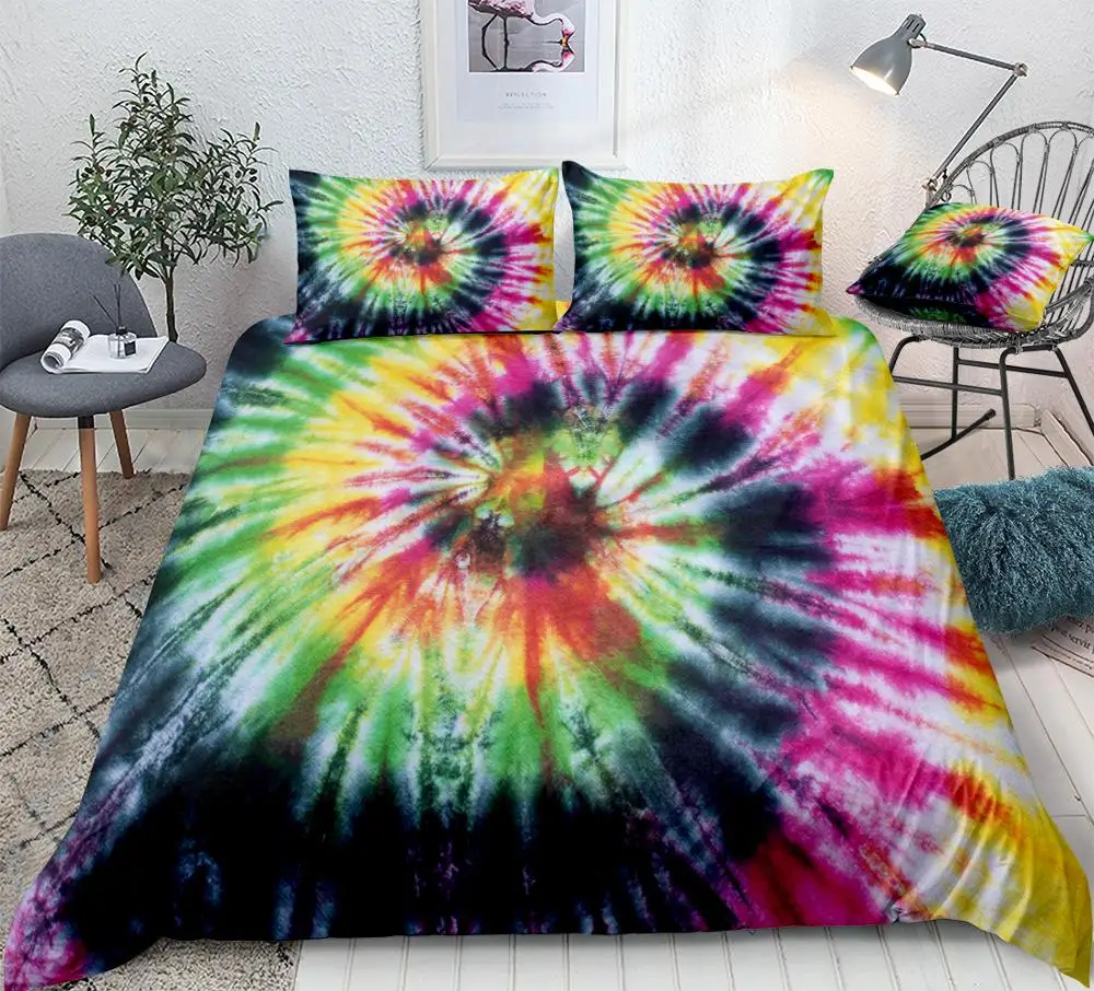 Tie Dyed Duvet Cover Set Yellow Green Bed Set Colorful Tie Dye