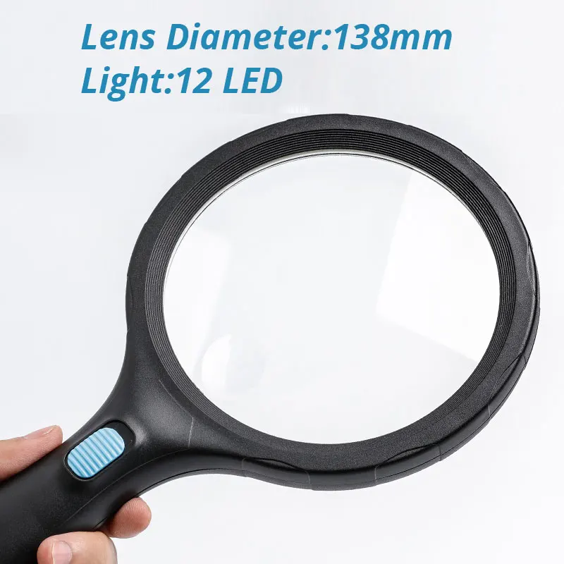 

1.8x 138mm 5x 25mm Big Lens Hand Held Illuminated Magnifier Reading Magnifying Glass with 12 LED Lamp for low vision kids gift