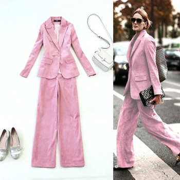 

autumn Business Women's pant suits for yellow suits blazer & high waist wide-leg pants 2 pieces formal suits women blazer set