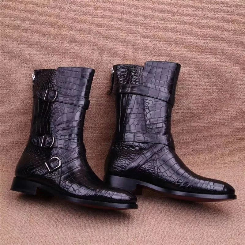 Подлинные мужские мотоциклетные ботинки ручной работы из натуральной крокодиловой кожи; мужские черные высокие ботинки на молнии