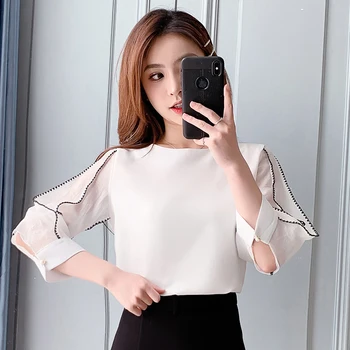 

COIGARSAM Short Sleeve blouse women New Summer Spring Chiffon blusas womens tops and blouses White 1809