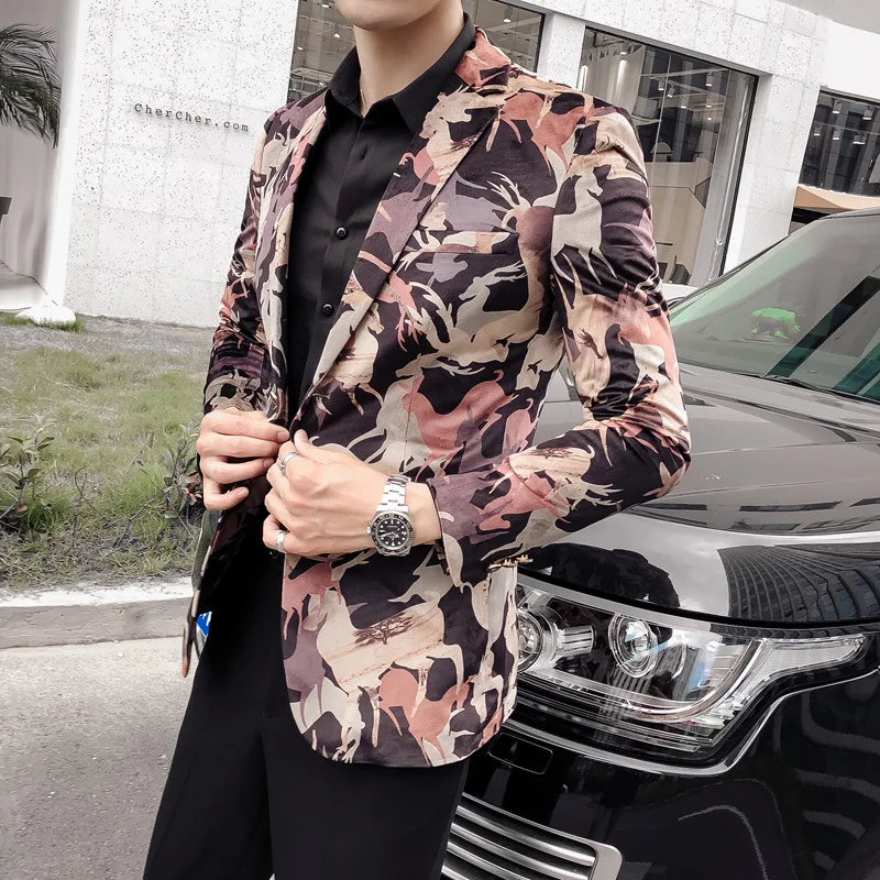 2019 принт человек блейзер Hombre Человек пиджак Slim Fit деловой повседневный модная