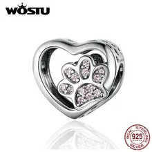 WOSTU Роскошные сердце лапа собаки бусины 925 пробы Серебряный Розовый эмалевый Шарм Подходит браслет кулон серебро 925 ювелирные изделия CQC1191