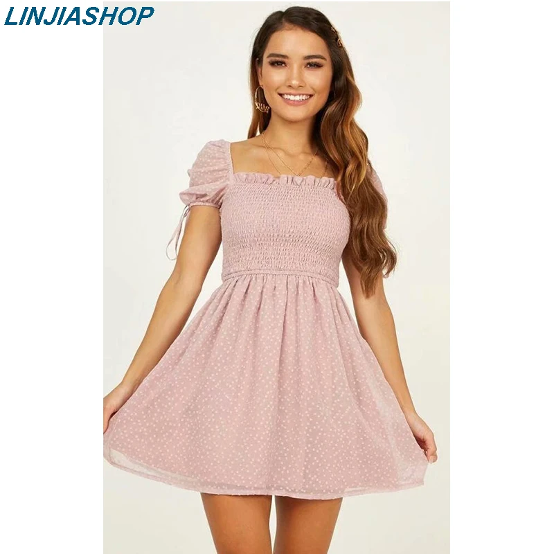 

Vintage women's mini dress square neck short puff sleeve high waist elastic soft elegant holiday summer women party dress