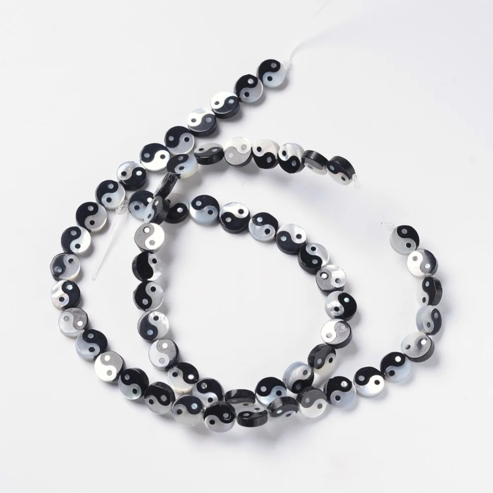 about 24pcs/strand Flat Round White Shell Bead Strands with Natural Black Stone for Jewelry making DIY Bracelet Necklace